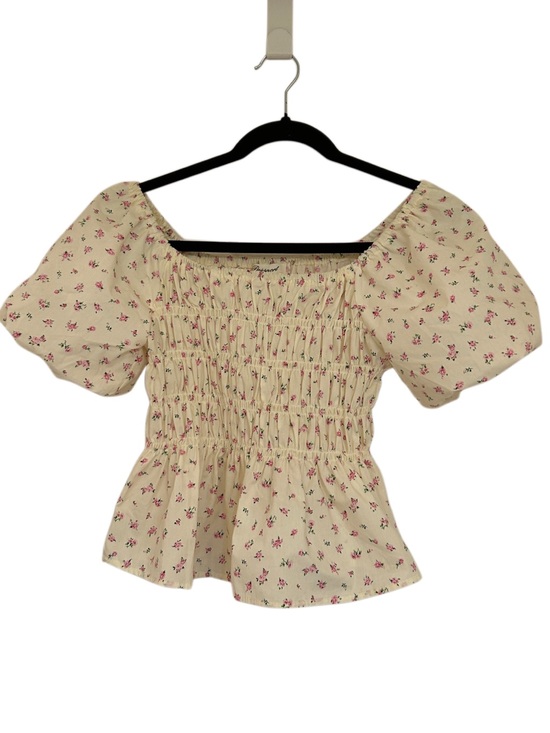 Passport Tops - Passport Cotton Blend Cream Puff-Sleeve Smocked Peplum Top with Pink Floral